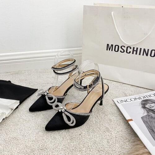 2021 Spring And Autumn New Web Celebrity Design, Crystal Bow High-Heeled Shoes, Pointed Thin Heels, Diamond Silk Belt