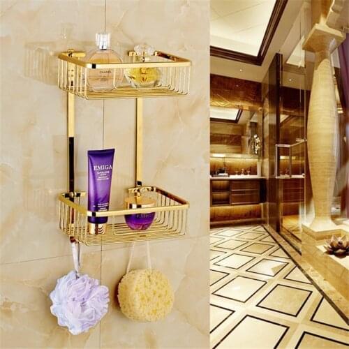 Bathroom Shelf Brass Bath Shower Rack Bath Shower Shelf Bath Shower Caddy Holder Wall Mounted Gold/Chrome 1-2 Tier Corner Shelf