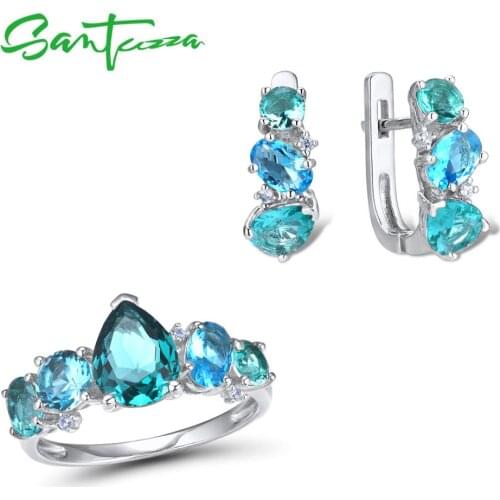 SANTUZZA Genuine 925 Sterling Silver Jewelry Set For Women Blue Green Crystal White CZ Earrings Ring Set Party Fashion Jewelry