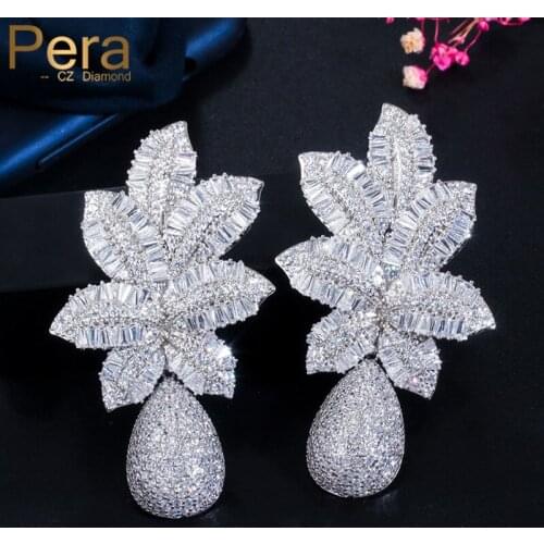 Pera Gorgeous White Cubic Zirconia Topaz 925 Sterling Silver Large Leaf Water Drop Wedding Party Dangle Earrings for Brides E606