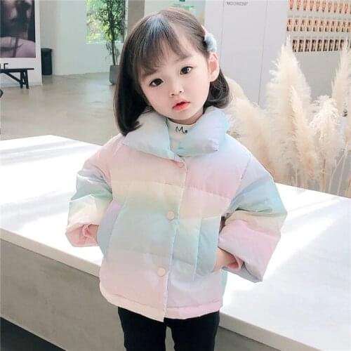 Winter new girls cotton padded coat childrens baby rainbow printed cotton padded coat childrens high collar coat