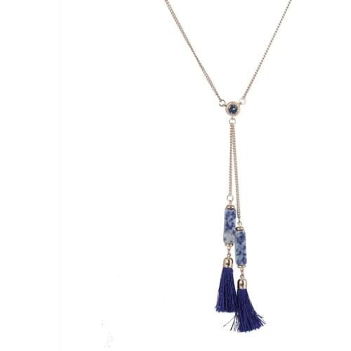 Light Yellow Gold Color Rectangle Shape Blue-vein Stone Pendant Link Chain Necklace with Tassels Jewelry