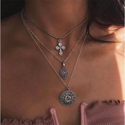 Vintage Cross Round Pendant Necklace Women Bohemian Fashion Crystal Choker Necklace 3 Layer Kolye Ethnic Jewelry