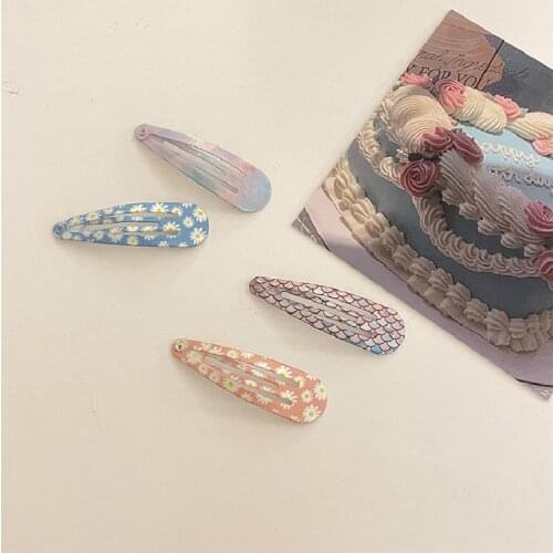 4pcs/pack Girls Cute Daisy Galaxy Mermaid Print Bobby Pins 5cm Waterdrop Shaped Hairpins Alloy Hair Clips Hair Grips Barrettes