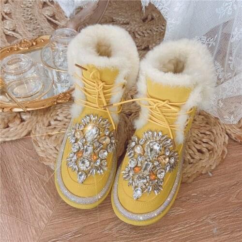 Women Rhinestones Crystal Ankle Boots Lambswool Fur Lace Up Platform Warm Winter Snow Shoes Australian Girls DIY X-mas Gift