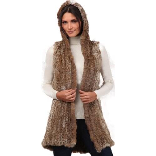 European Female Rabbit Fur Vest Chaleco Largo Mujer Body Warmer Knitted Gilet Long Hooded Vest Top Womens Chaqueta Sin Mangas