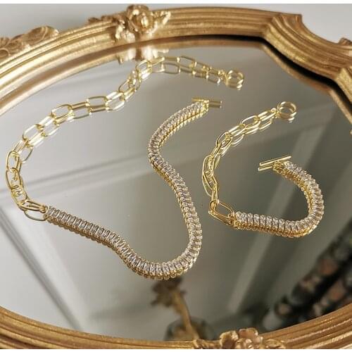 Amaiyllis S925 Sterling Silver Simple Micro Pave Choker Necklace Retro Zircon Stitching Bracelet For Women Jewelry