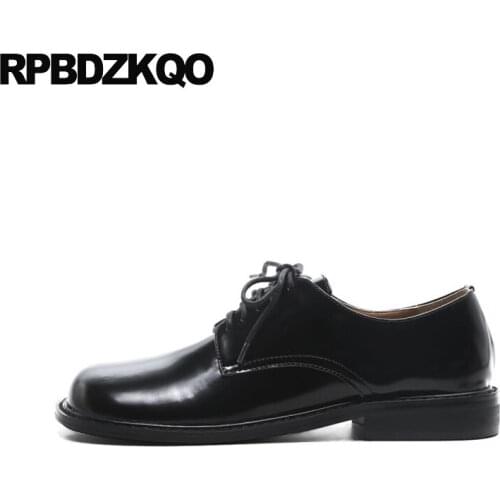 Brand shallow patent leather black high quality ladies round toe chinese designer shoes china women genuine flats lace up 2019