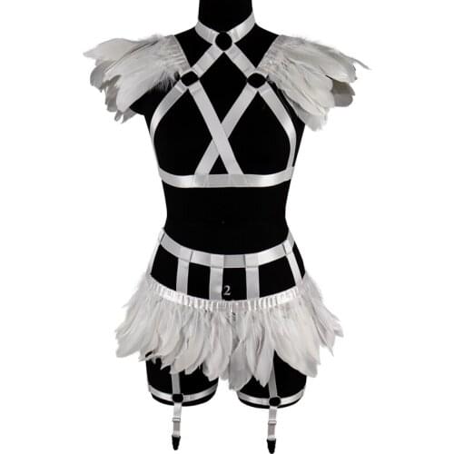 Elastic Adjustment Fashion Dance Carnival Feather Costume Goth Suspender Body Harness Bra Womens Garter Sexy Belt Lingerie Set