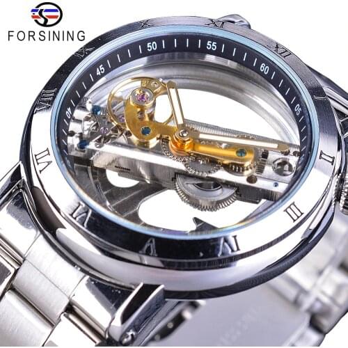 Forsining Double Side Transparent Tourbillion Silver Steel Mechanical Steampunk Creative Automatic Watch Top Brand Luxury Clock