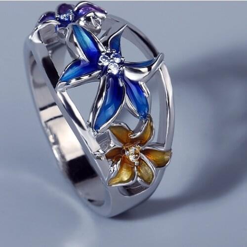 Exquisite Ladies Zircon Jewelry Ring Handmade Enamel Epoxy Violet Flower Color Ring 925 Silver Cocktail Party Ladies Zircon Ring