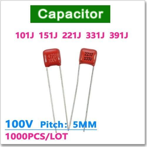 JASNPROSMA CBB pitch 100V 5MM 1000PCS 100PF 150PF 220PF 330PF 390PF 101J 151J 221J 331J 391J DIP capacitor CBB21 CBB22