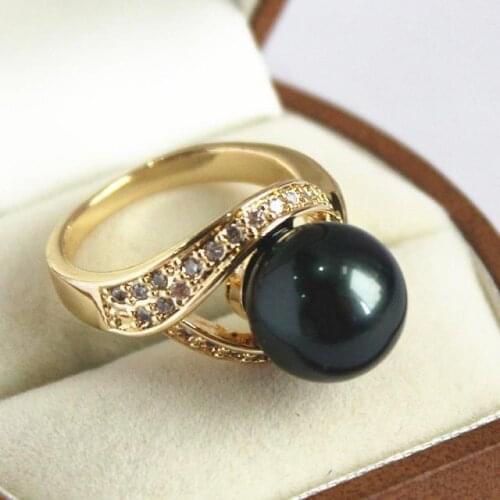 Noble ladys 18KGP with crystal decorated &12mm black shell pearl ring(#7 8 9 10)