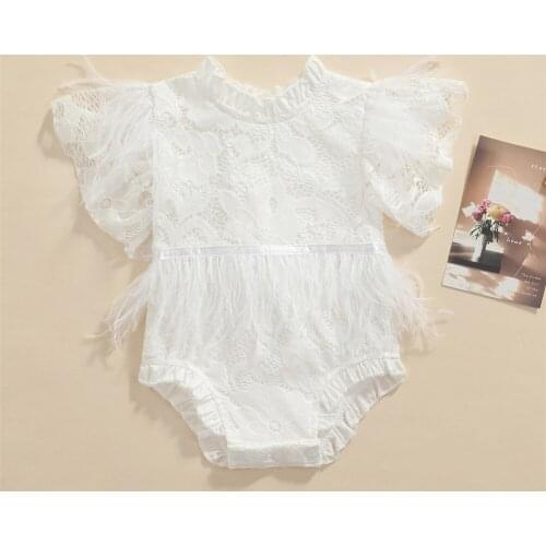 2021 0-24M Cute Infant Baby Girl Jumpsuit Feather Flower Lace Tassels White Solid Short Sleeve Ruffle Playsuit Summer Outfit