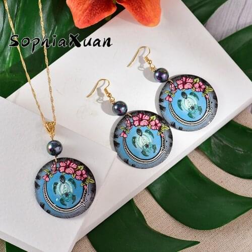 SophiaXuan Hawaiian Jewelry Sets Fashion Colorful Turtle Acrylic Flower Round Drop Pearl Earrings and Necklaces Set for Women
