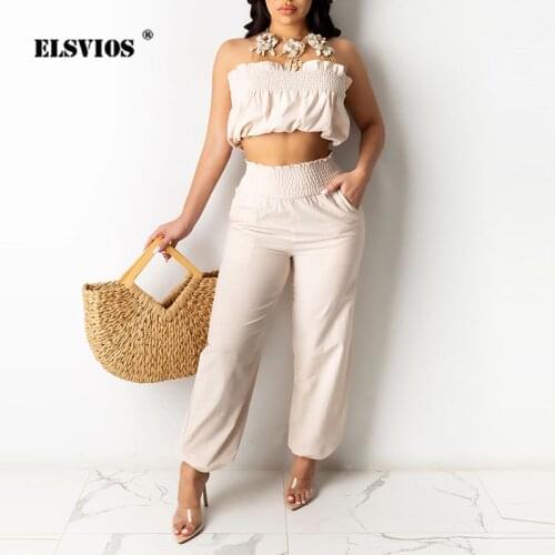 Pleated Sexy Tube Top Wide-Leg Pant Two-Piece Suit Summer Solid Color Lace-Up Halter Top Elastic Waist Trousers Women Street Set