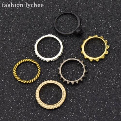 Fashion lychee 6pcs Vintage Goth Punk Rock Spike Stack Ring Finger Band Unisex Women Men Fashion Jewelry Accessories
