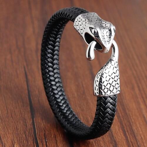 Snake Head Men Bracelet Jewelry Vintage Genuine Leather Bangle High Quality Woven Mens Jewelry Bracelet Armband Pulsera Hombre