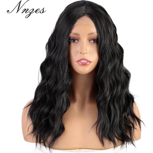NNZES 16 Inches Long Wavy Black Synthetic Wigs Middle Part Pink Blonde Dark Brown Color Hair Heat Resistant Fiber