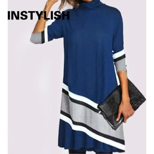 Women Spring Long Sleeve Turtleneck Loose Dress Elegant Print A Line Mini Dress Casual Oversize T Shirt Dress 2021 New
