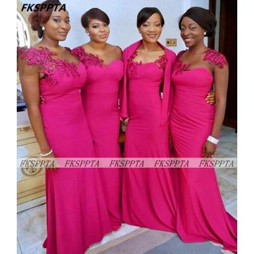 Wholesale Fuchsia African Bridesmaid Dresses Sheer Appliques Silk Satin Mermaid Women Formal Gowns For Wedding Party