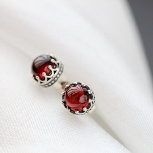 Authentic 925 Sterling Silver Lady Retro Style Charm Earring Inlaid Natural Garnet Earring Trendy Style Jewelry Gift