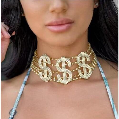 Rhinestone Big Dollar Hip Hop Choker Chain Necklace Jewelry for Girl Luxury Crystal Letter RICH Statement Choker Necklace Collar