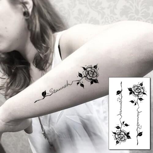 Tattoo Sticker Cute Flower Rose Leaf Plant English Letters Waterproof Flash Tatoo Fake Body Makeup Art for Men Women Kids