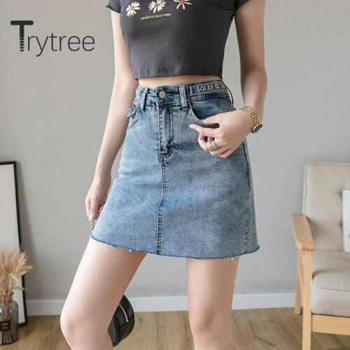 Trytree 2020 Summer Woman Skirt Casual Solid Fashion Button Pockets High Waist A-line Mini All-Purpose Style Cowboy Skirt