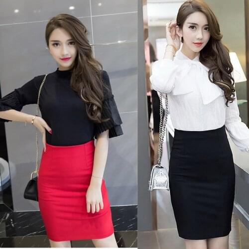 VogorSean Women Skirt High Waist Elastic Pencil Skirt 2019 Summer Office Sexy Skirts Womens Knee Length Bust Skirts Red/Black