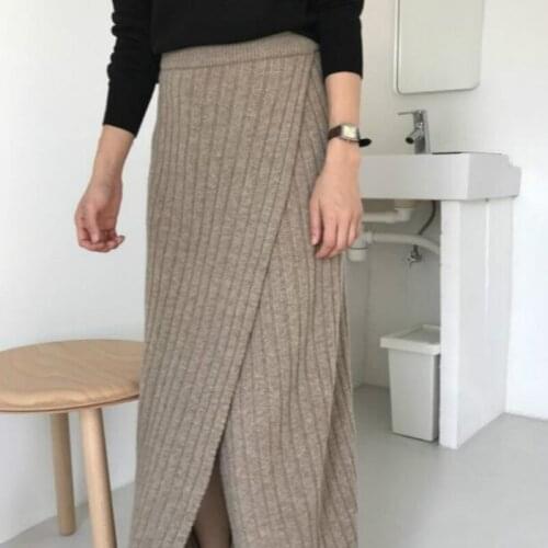 2021 High Waist Elegant Slim Femme Women Autumn Winter Split Cashmere Long Midi Pencil Skirt Female Pit Line