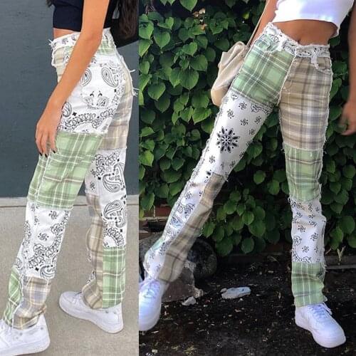 Womens 2021 New Fashion Sweet Casual Green White Patchwork Check Pattern Pockets High Waist Slim Straight Jeans Long Trousers
