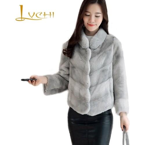 LVCHI Winter 2019 Long Sleeve Mink Coats Pocket Real Mink Fur Coat Natural Fur Causal Womens Mandarin Collar Short Mink Coat