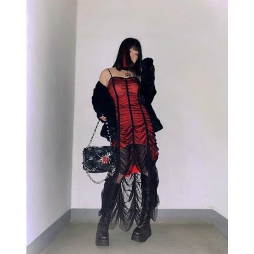 New Spring Autumn Harajuku Gothic Women Fashion Red Mesh Sling Dress Hot Girl Temperament Slim Sweet Dress
