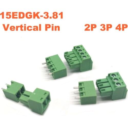 10pcs Pitch 3.81mm Screw Plug-in PCB Terminal Block 15EDGK VC 2/3/4P wire Connectors Vertical Pin male/female cables morsettiera