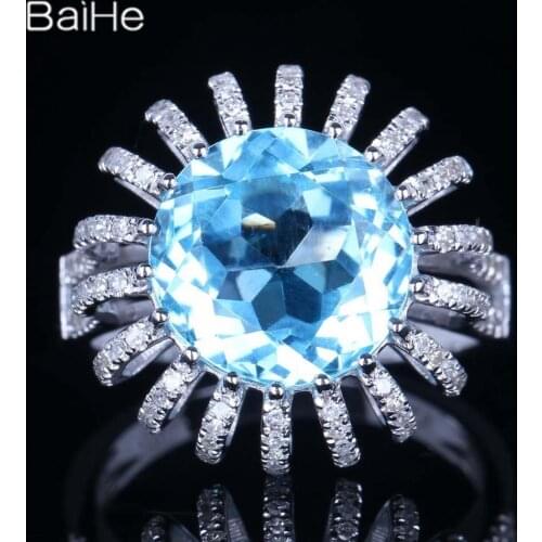 BAIHE Solid 14K White Gold 7.4CT Sky Blue Round Blue Topaz Wedding Women Trendy Fine Jewelry Blue Topaz Ring