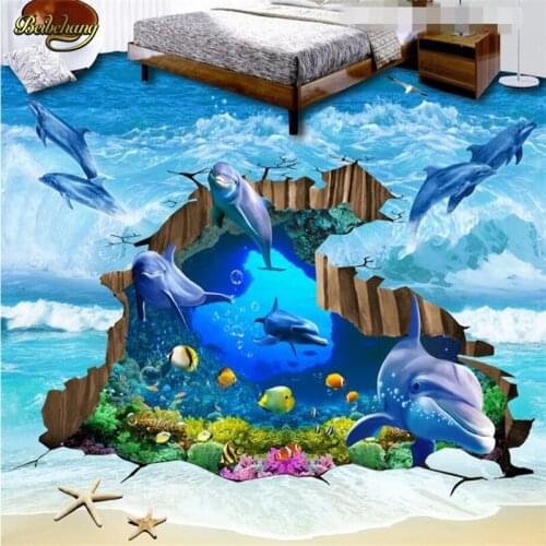 Beibehang Wave 3D Dolphin Cracked Underwater World papel de parede 3D floor wallpaper for living room photo mural wall paper