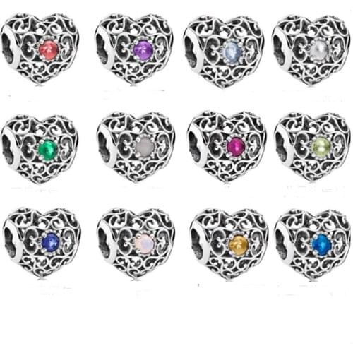 Free shipping 925 Sterling Silver Signature Heart Birthstone Charm Fit Original Pandora Bracelet For Women DIY Jewelry S925 Bead