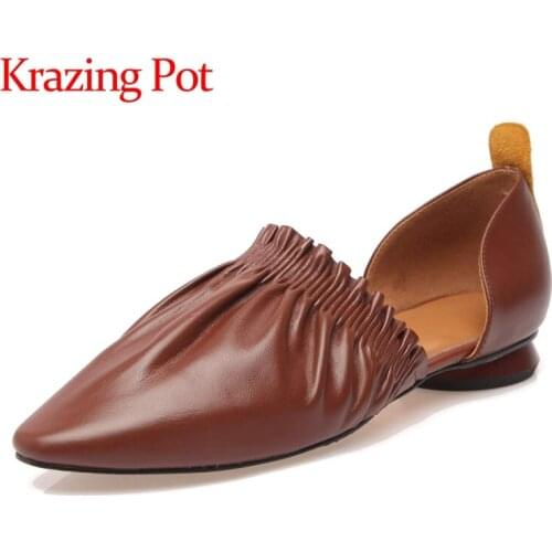 Krazing pot genuine leather pointed young lady streetwear dating pleated solid Korean girl leisure toe slip on sandals women L79