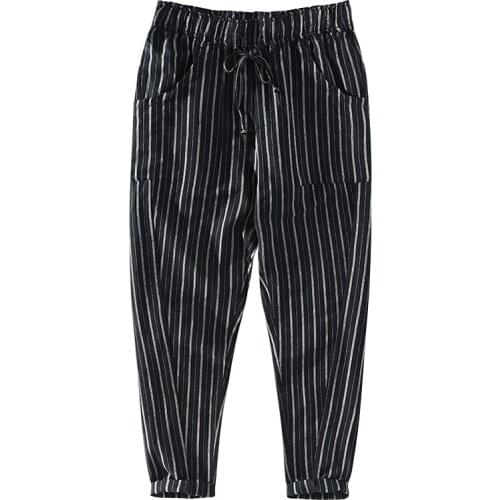 Four season linen and cotton casual brand pants men fashion stripe black long trousers for men elastic waist pantalones