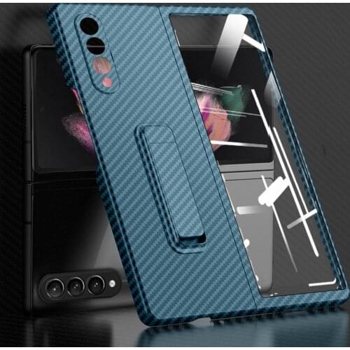 360 Full Protection Bracket Case For Samsung Galaxy Z Fold 3 Phone Cover Carbon Fiber Leather Case with Front Glass