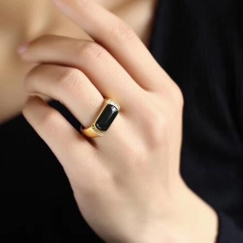 BLACK ANGEL New 24K Gold Luxury Rectangular Obsidian CZ Gemstone Domineering Resizable Ring For Men Wedding Male Women Jewelry
