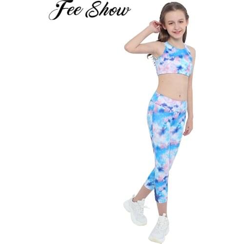 Kids Girls Ballet Dancewear Yoga Gym Running Workout Sport Outfits Tie Dye Printed Crisscross Crop Top Tight Leggings Sportsuit