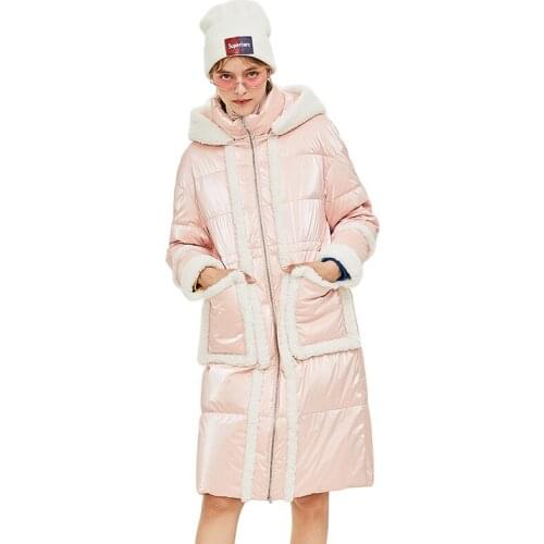 Long womens white duck down jacket fluff puffer quilted coat Lamb hair splicing hood lightweight parka cotton clothes AA1906306