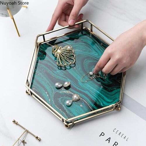 European Style Light Luxury Glass Tray Tea Set Storage Tray Storage Tray Living Room Decoration Tray Gilded Iron Art Swing Tray
