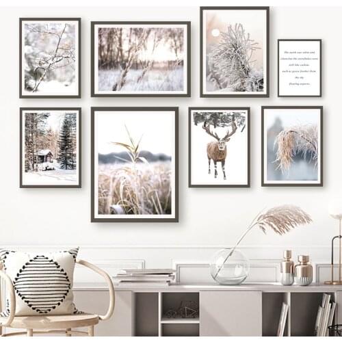 Reindeer Bird Snow Reed Winter Nature Wall Art Canvas Painting For Living Room Decor Nordic Posters And Prints Wall Pictures