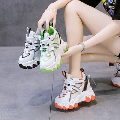 Newest Height Increasing Thick Soled Sneakers Women 10 CM High Heels Autumn Fashion Breathable Platform Shoes White Green Black