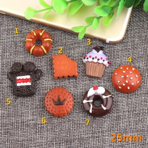 Mini Order 10pcs 25mm 3D Kawaii Resin Cabochon Food Bread Ice Cream Donut Biscuit Bread Clay Bead Charms Pendant Bow Center DIY