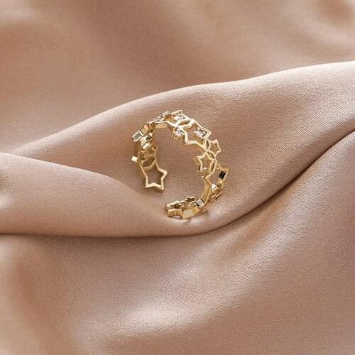 Fashion Hollow Out Five Pointed Star Zircon Ring Charming Womens Gold Opening Ring Jewelry Elegant Lady Party Accessories