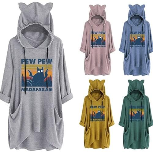 2022 Autumn and winter ladies jacket knit pocket cat ear sweater cute long skirt hooded sweater PEW PEW cat print